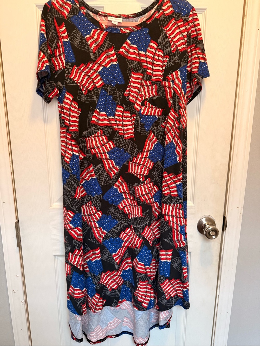 LuLaRoe Black Maxi Dress with Red & Blue Flag Print